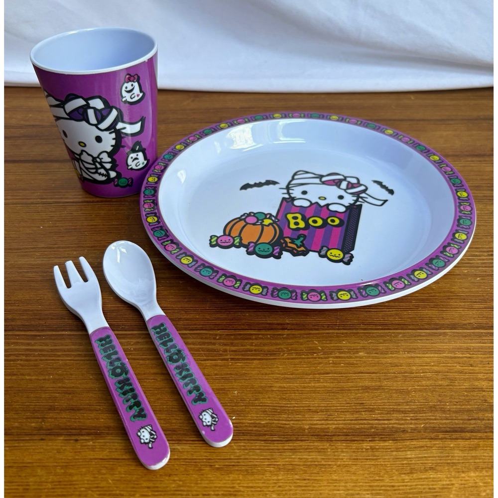 Sanrio Hello Kitty Halloween Boo Kids 4pc Melamine Dinner Set Purple